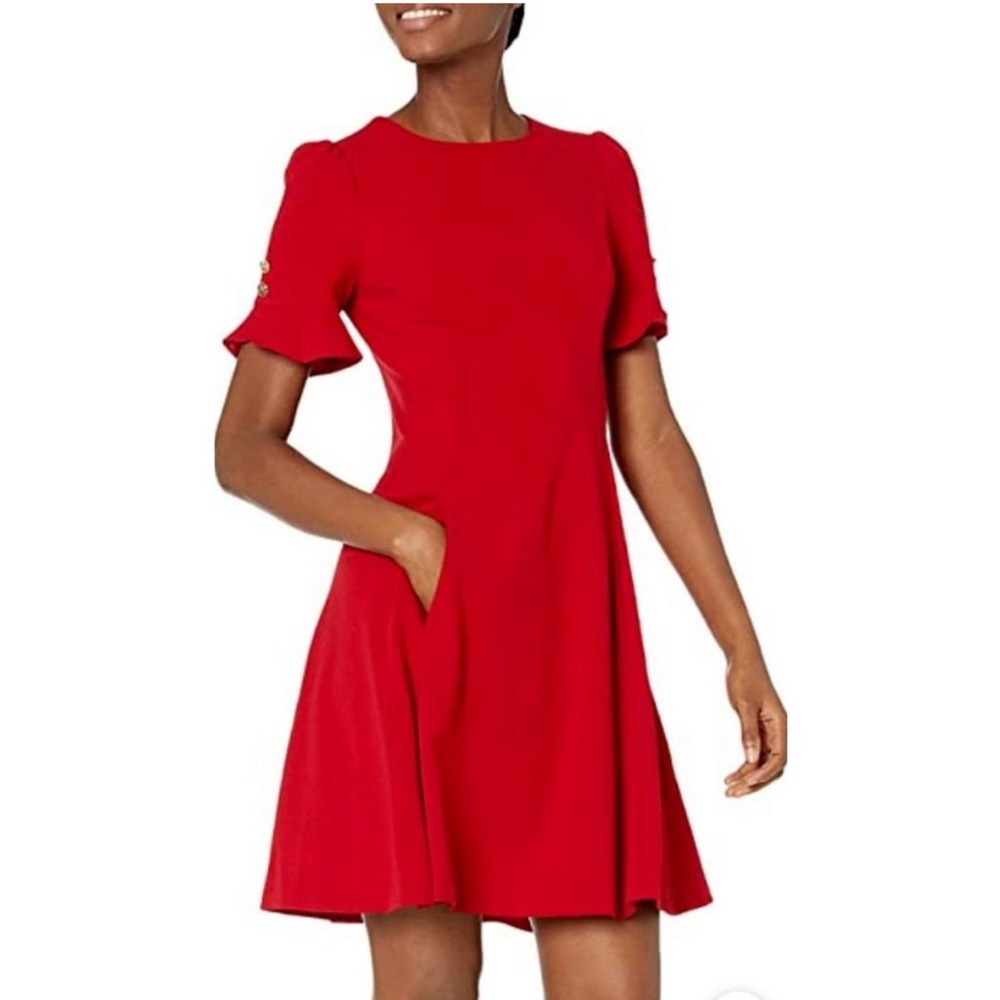 DKNY Dress 10 Red Short Sleeve Flounce A Line Stretch Pockets NWT $129 Career